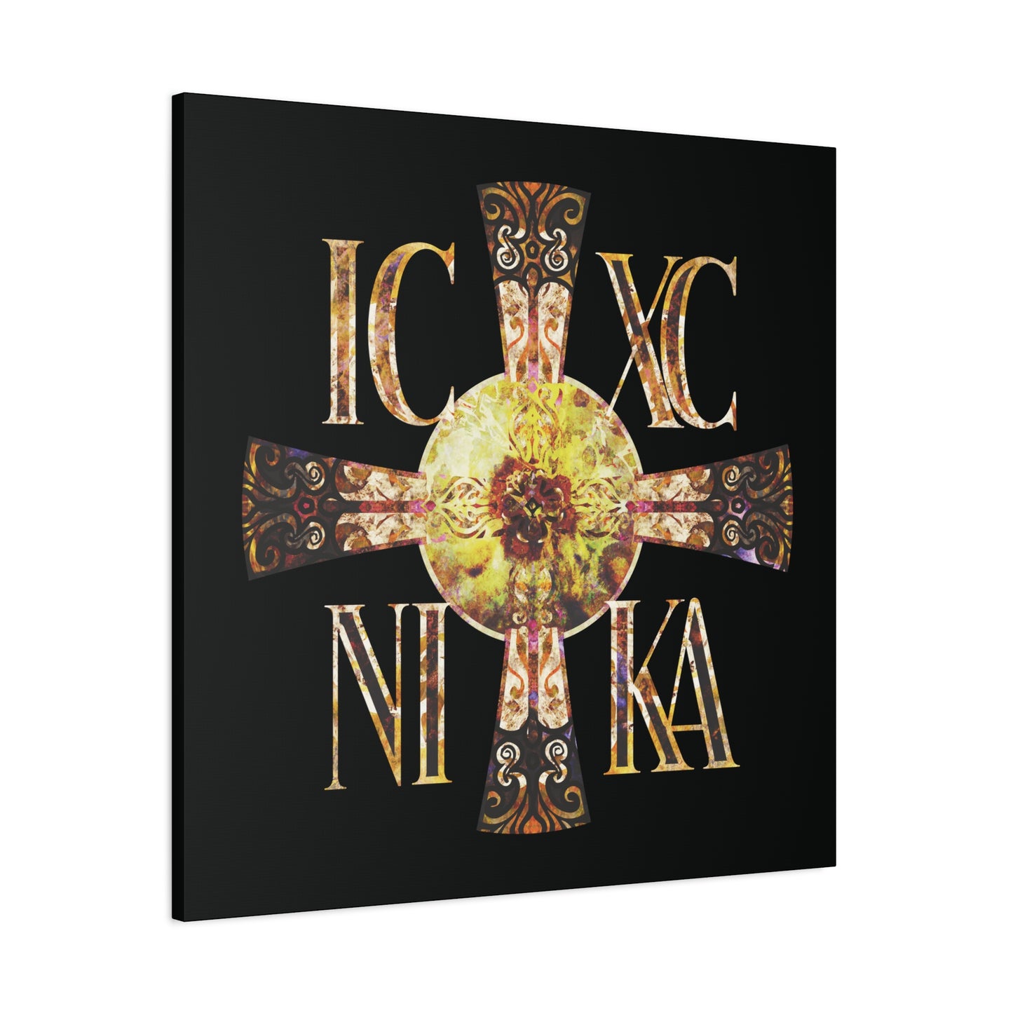 ICXC NIKA Celtic Style Equal Armed Cross | Bright Solar Texture | Orthodox Christian Canvas Art