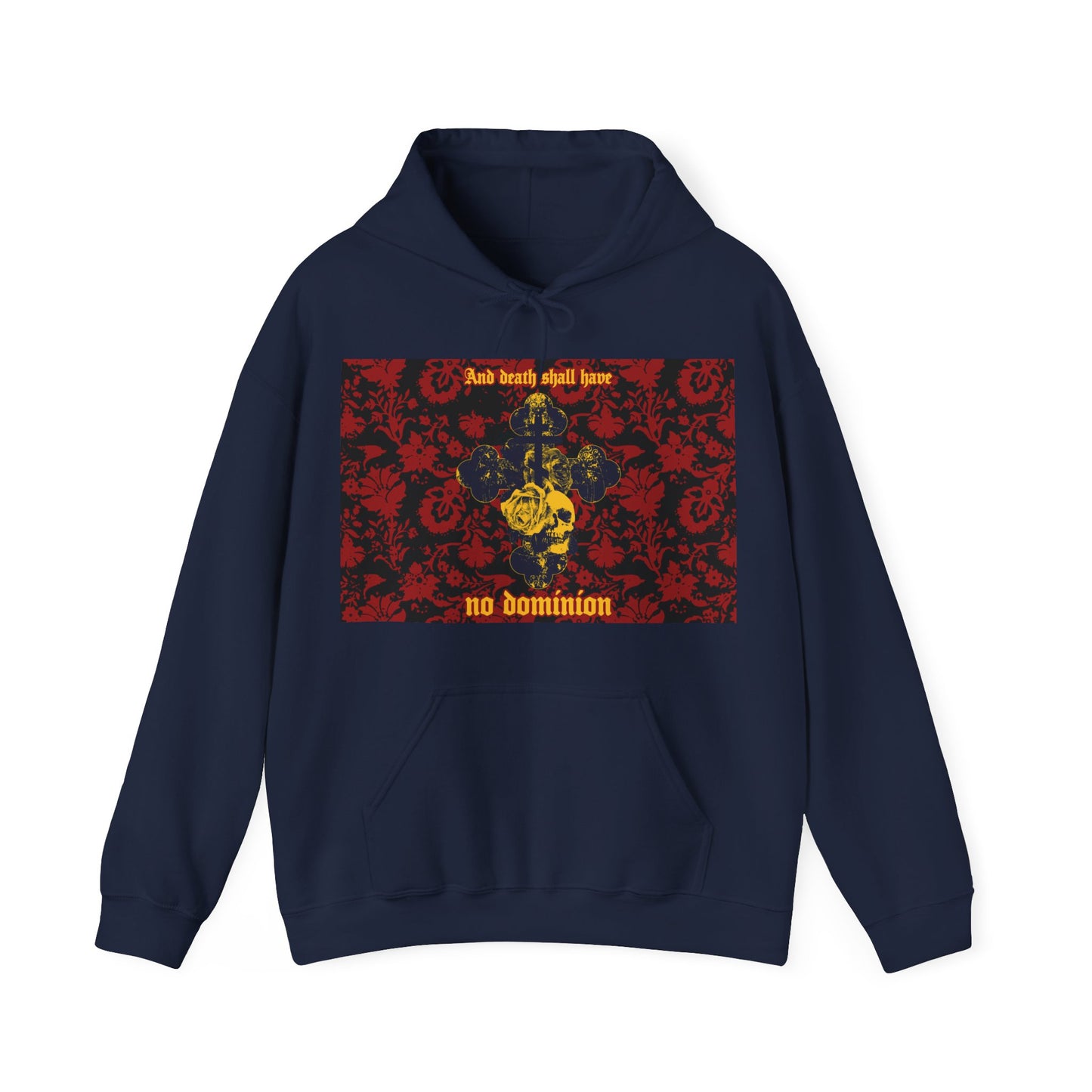 And Death Shall Have No Dominion (Dylan Thomas) | Resurrection | Gothic Style Cross, Skull and Rose on Floral Background | Orthodox Christian Hoodie-Navy-S-Remembrance of Death