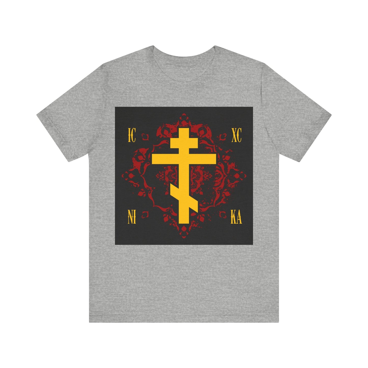 ICXC NIKA Yellow Russian Cross on Ornate Red Background Design | Jesus Christ Conquers | Orthodox Christian T-Shirt