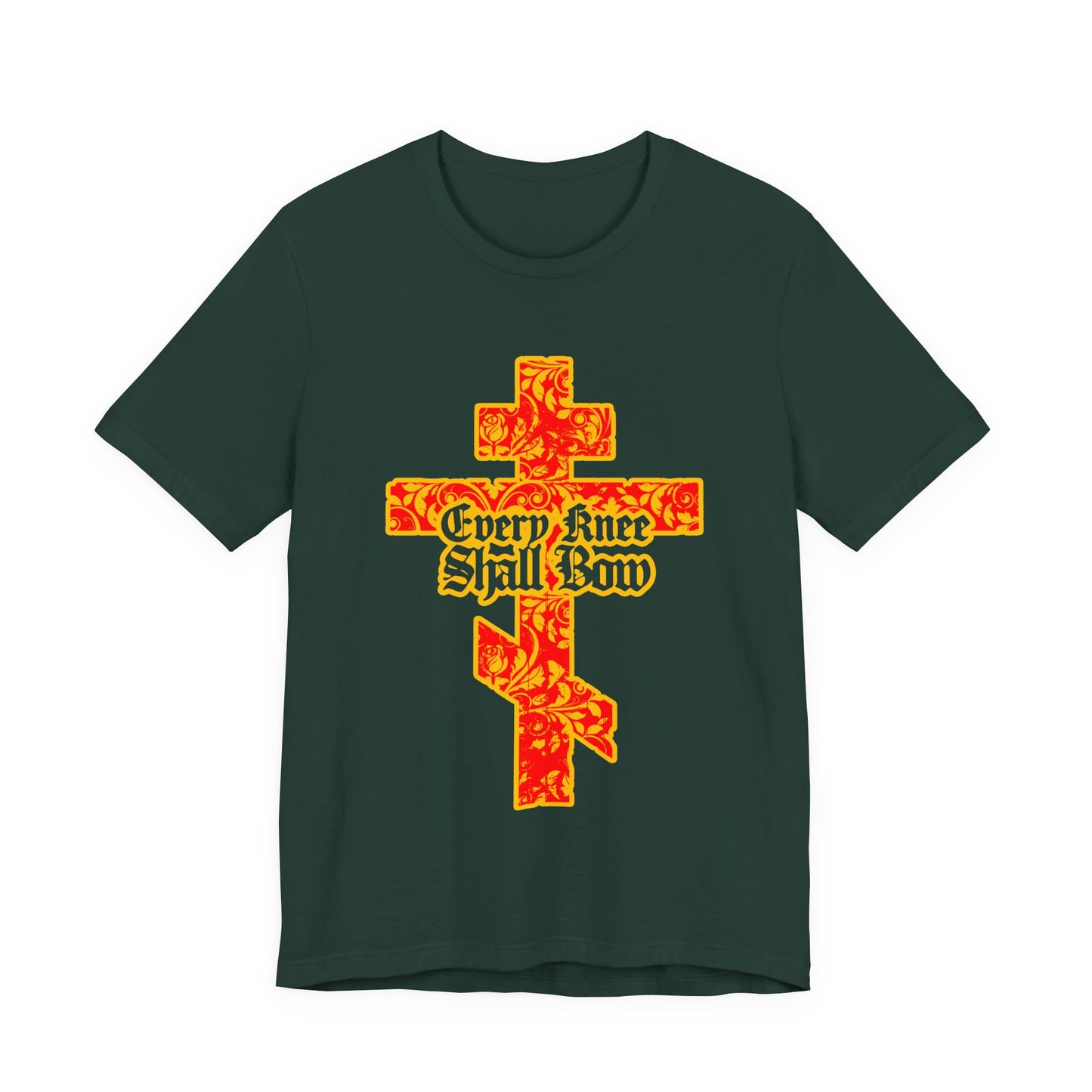 Dark green unisex tee featuring a gold and red floral Orthodox cross with gothic “Every Knee Shall Bow” lettering, inspired by Isaiah 45:22-24 and Philippians 2:7-11.