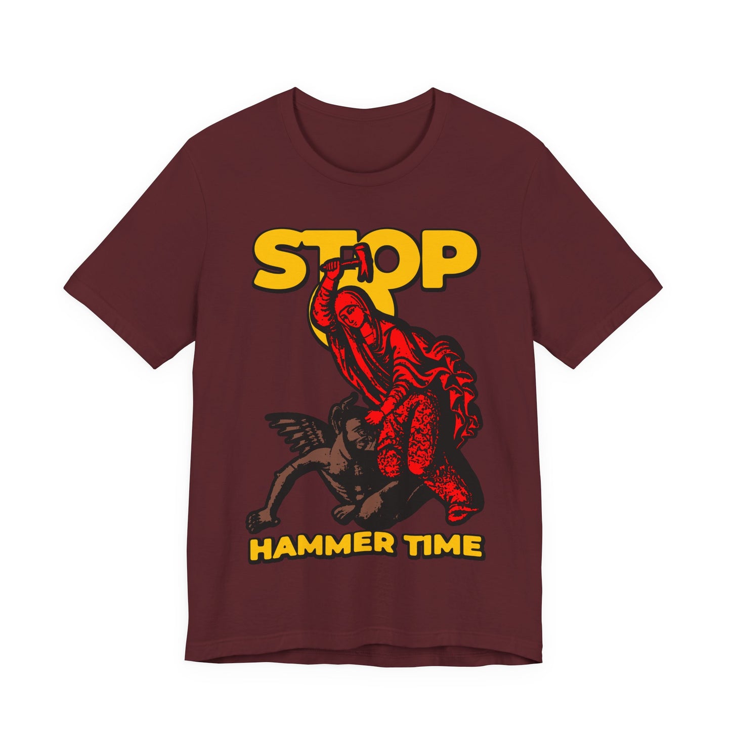 Unisex tee inspired by St Marina of Antioch: "Stop, Hammer Time" modern Orthodox meme, features red, blue, and yellow design with St. Marina beating the devil—fun Christian shirt for all.