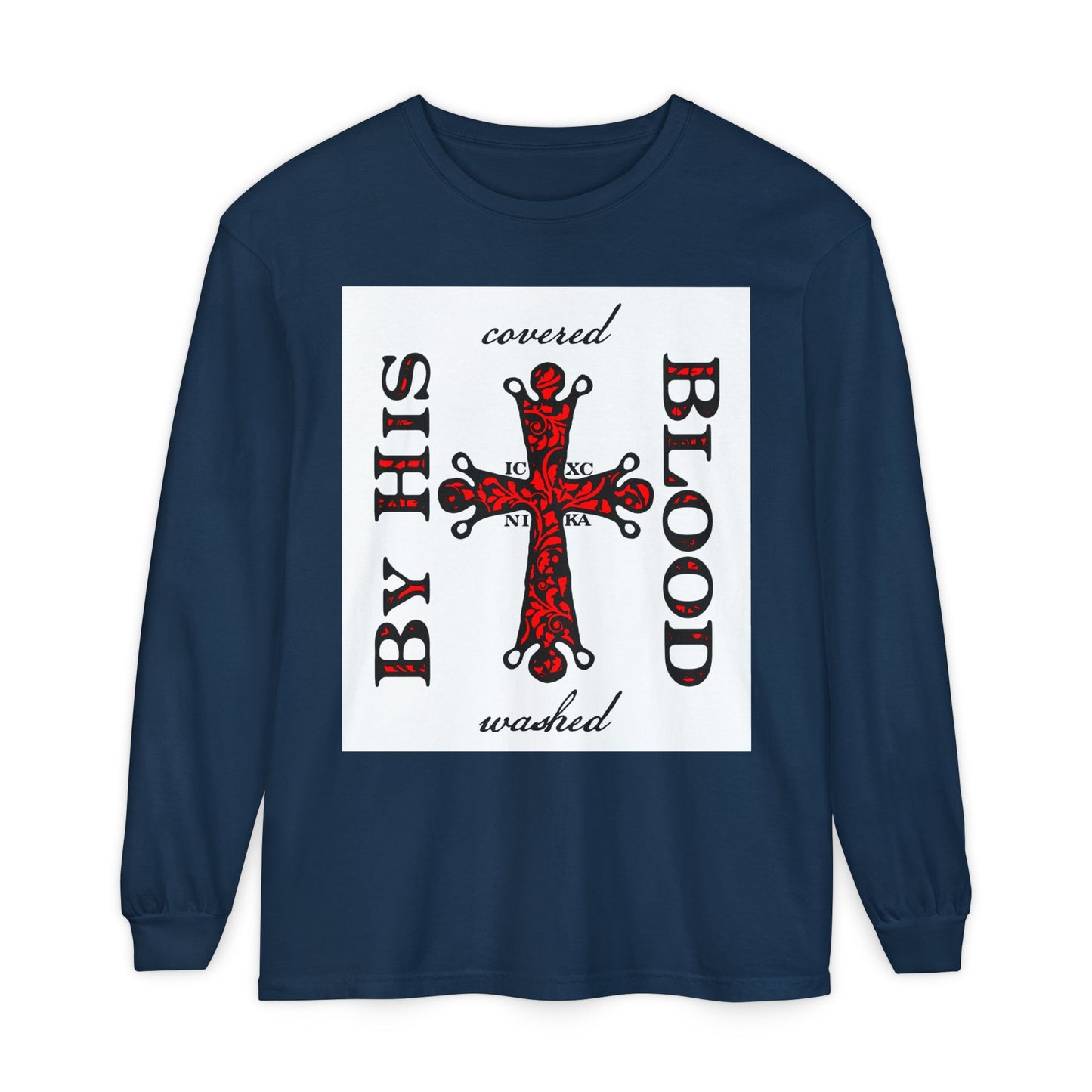 Washed/Covered By His Blood (1 John 1:7) | ICXC NIKA Ornate Red Orthodox Cross | Orthodox Christian Long Sleeve Shirt