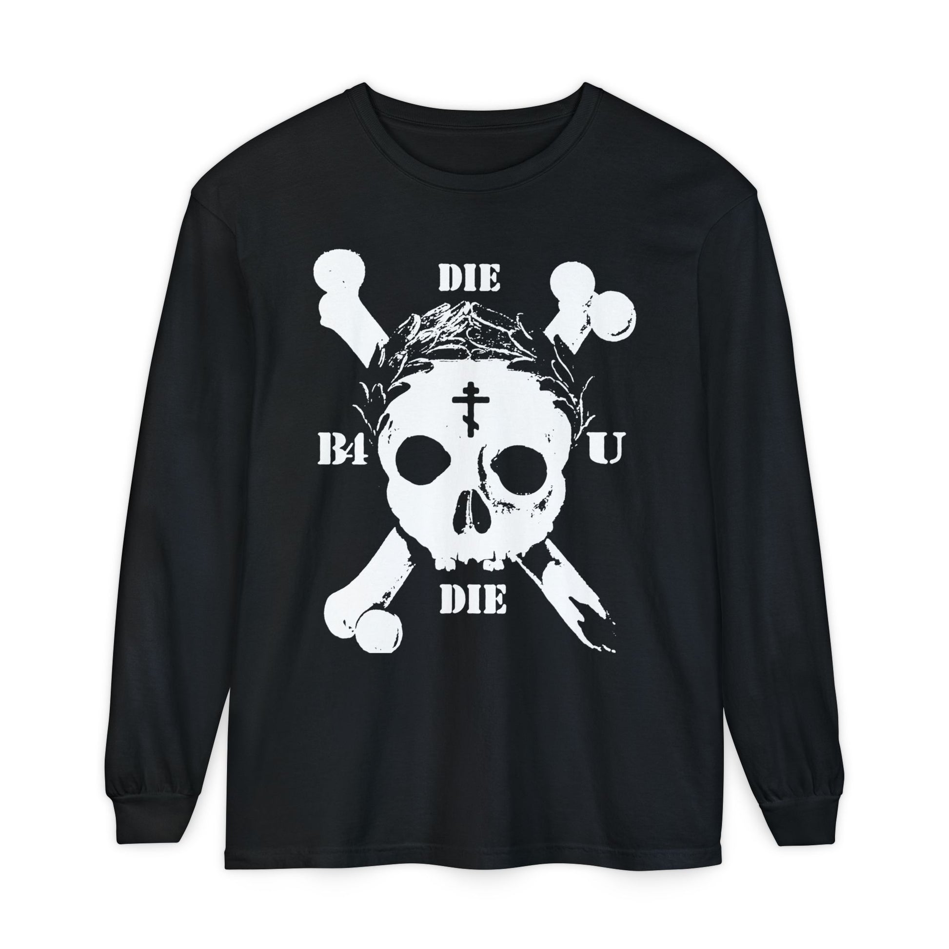 Black “Die Before You Die” long sleeve featuring a retro skull & crossbones, Orthodox cross, laurel wreath, and "Memento Mori"; inspired by Matthew 16:24-25’s call to self-denial. Color: black.