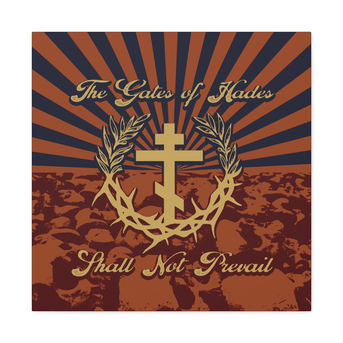 The Gates of Hades Shall Not Prevail | Cross with Wreath & Crown of Thorns | Skulls and Rays | Orthodox Christian Canvas Art