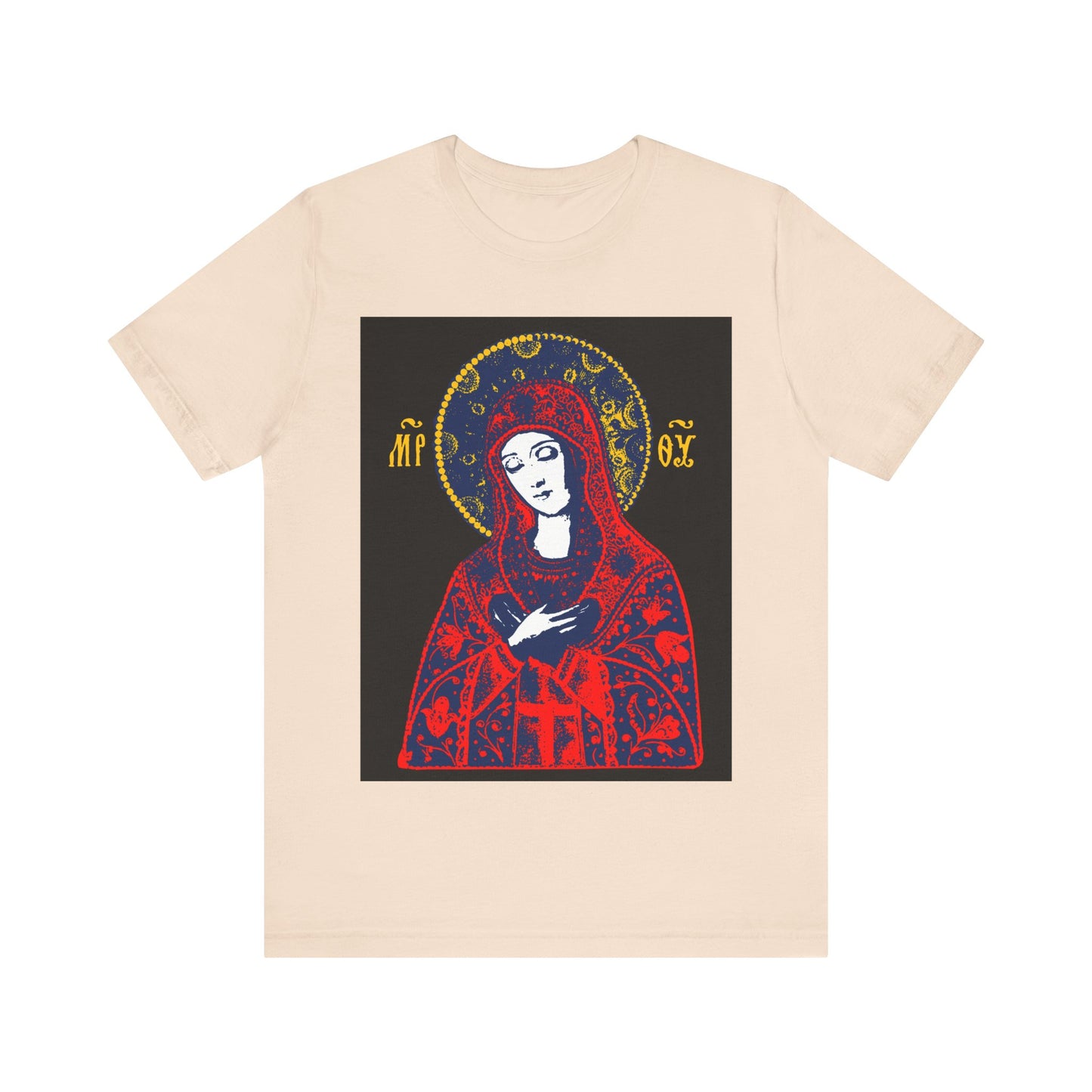 Soft cream t-shirt featuring the "Joy of All Joys Tenderness Theotokos" icon, based on traditional Orthodox iconography with a bright red design; the Theotokos appears haloed, hands crossed in devotion.