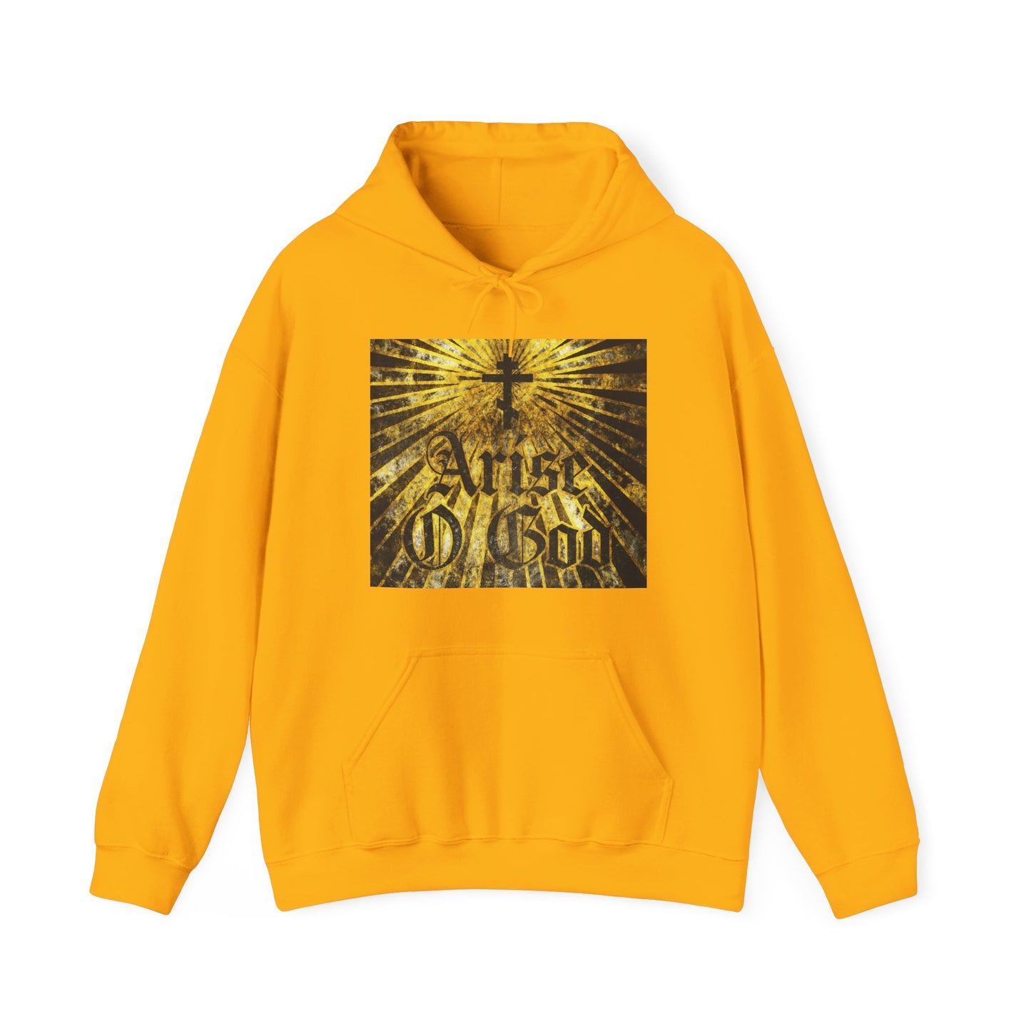 Gold “Arise O God” hoodie with textured Gothic font, Orthodox cross, and golden rays—reflecting Psalm 81 (82 LXX) and the Divine Council worldview.
