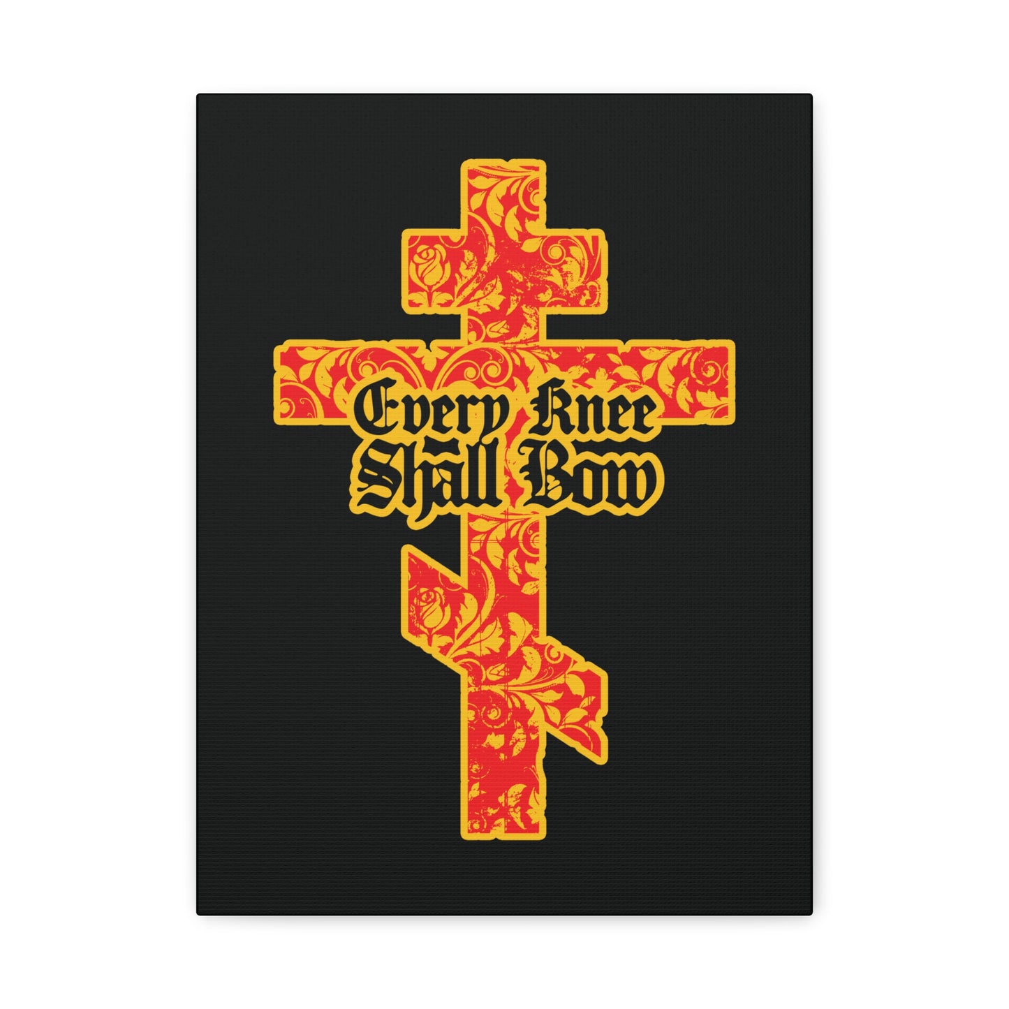 The "Every Knee Shall Bow" Christian wall art features a gold and red floral Orthodox cross with Gothic lettering, inspired by Isaiah 45:22-24 and Philippians 2:7-11.