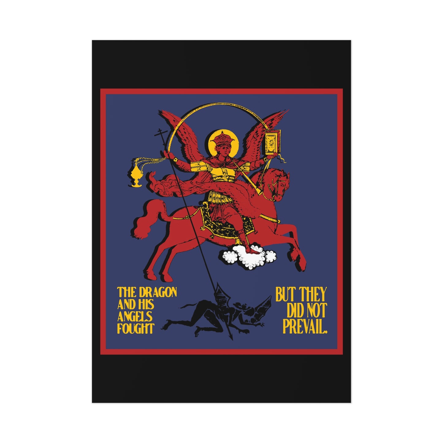 Archangel Michael of the Apocalypse IconoGraphic (Revelation 12:7-8) | Red Angel and Horse on Blue Background | Orthodox Christian Art Poster