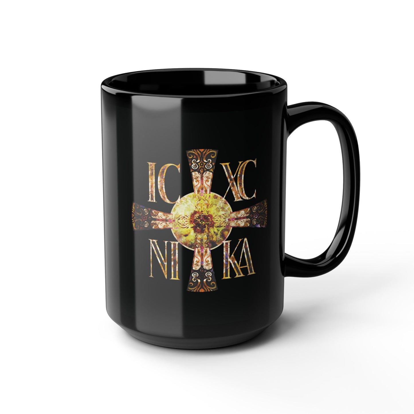 ICXC NIKA Celtic Style Equal Armed Cross | Bright Solar Texture | Orthodox Christian Black Mug