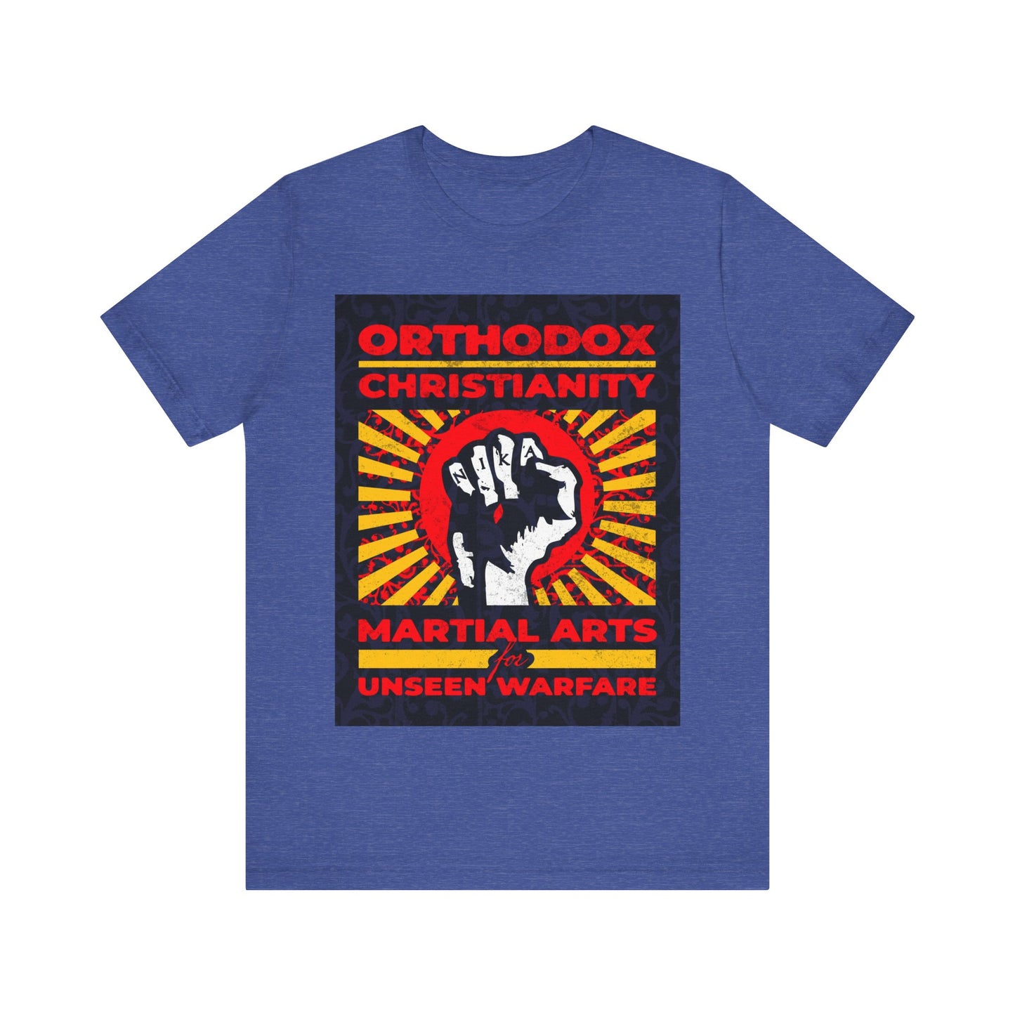 Orthodox Christianity: Martial Arts for Unseen Warfare | NIKA Jesus Fist on Colorful Sunburst Design | Orthodox Christian T-Shirt