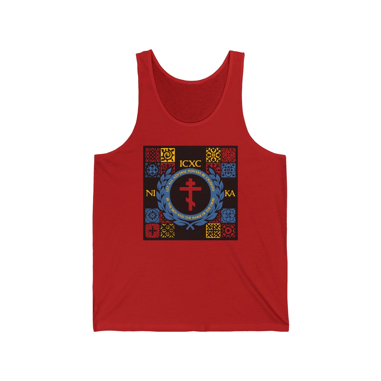 Let All Adverse Powers Be Crushed (Red, Yellow & Blue Design) | ICXC NIKA | Medieval Tile Design | Orthodox Christian Jersey Tank Top