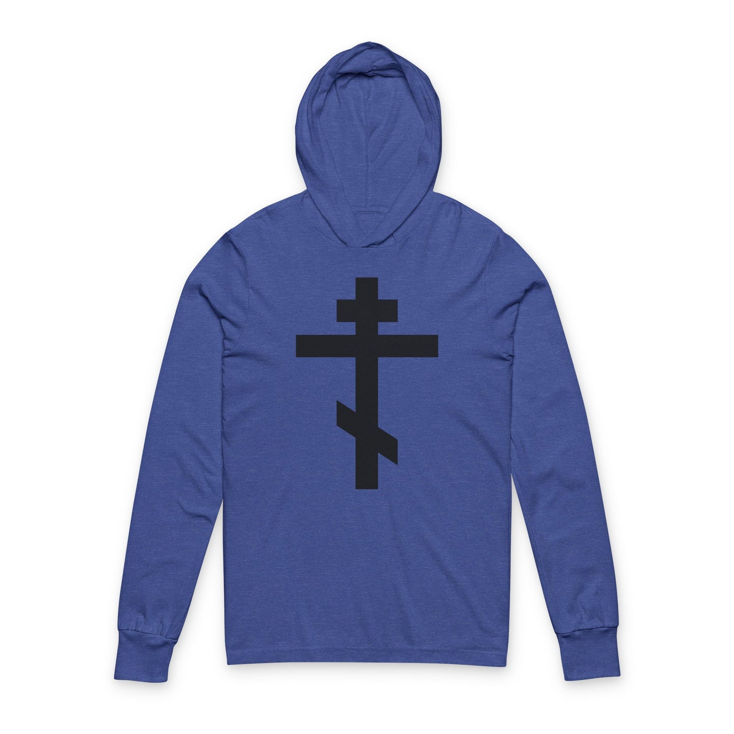 Heather True Royal hooded cotton shirt featuring a bold black Orthodox cross and the quote "May I never boast, except in the cross of our Lord Jesus Christ" (Gal 6:14), inspired by Eastern Christian tradition.