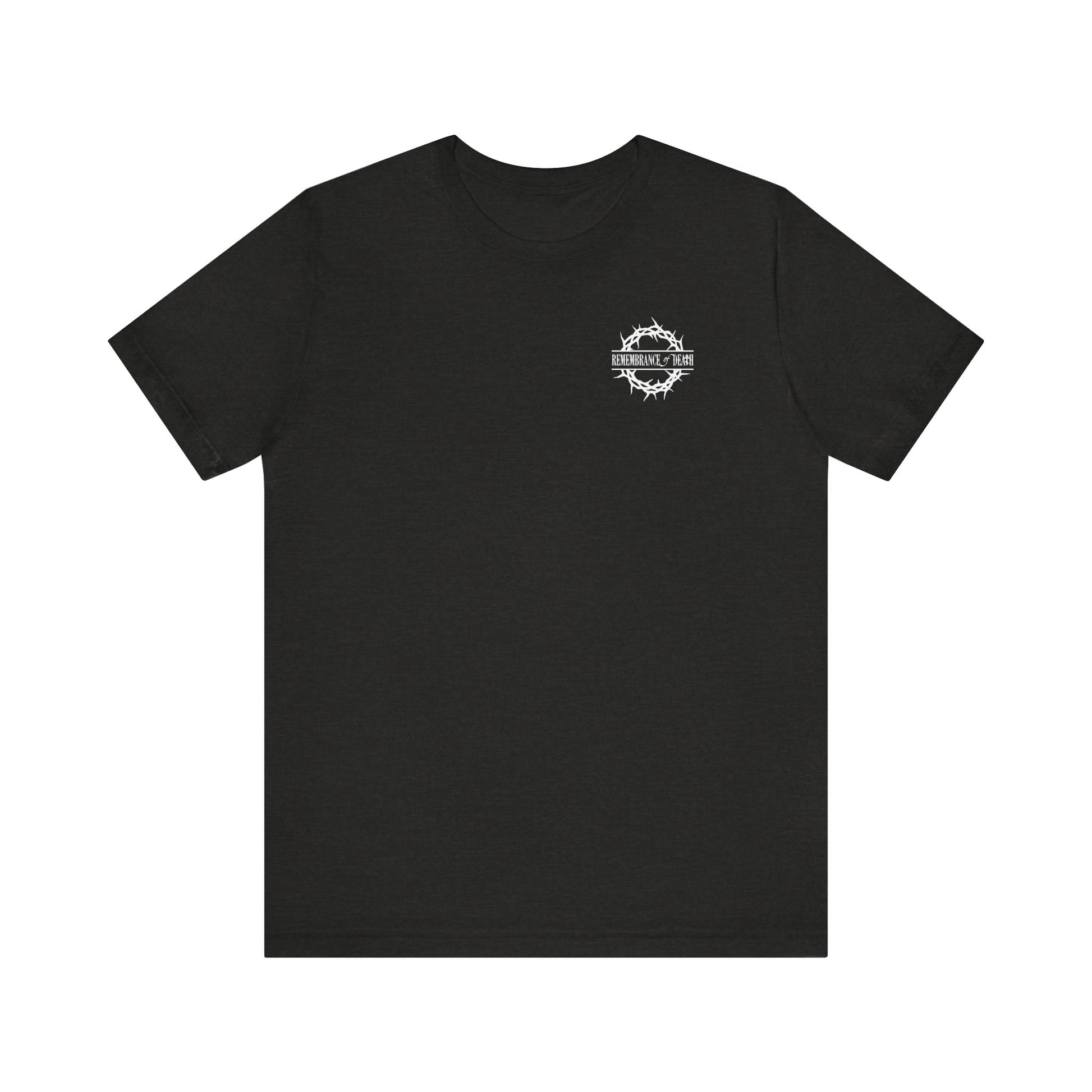 Black t-shirt with branded text "Dead to this World" on the front and a Christian goth flower cross & skull graphic on the back, featuring 70s-style typography. Inspired by Orthodox Christian themes.
