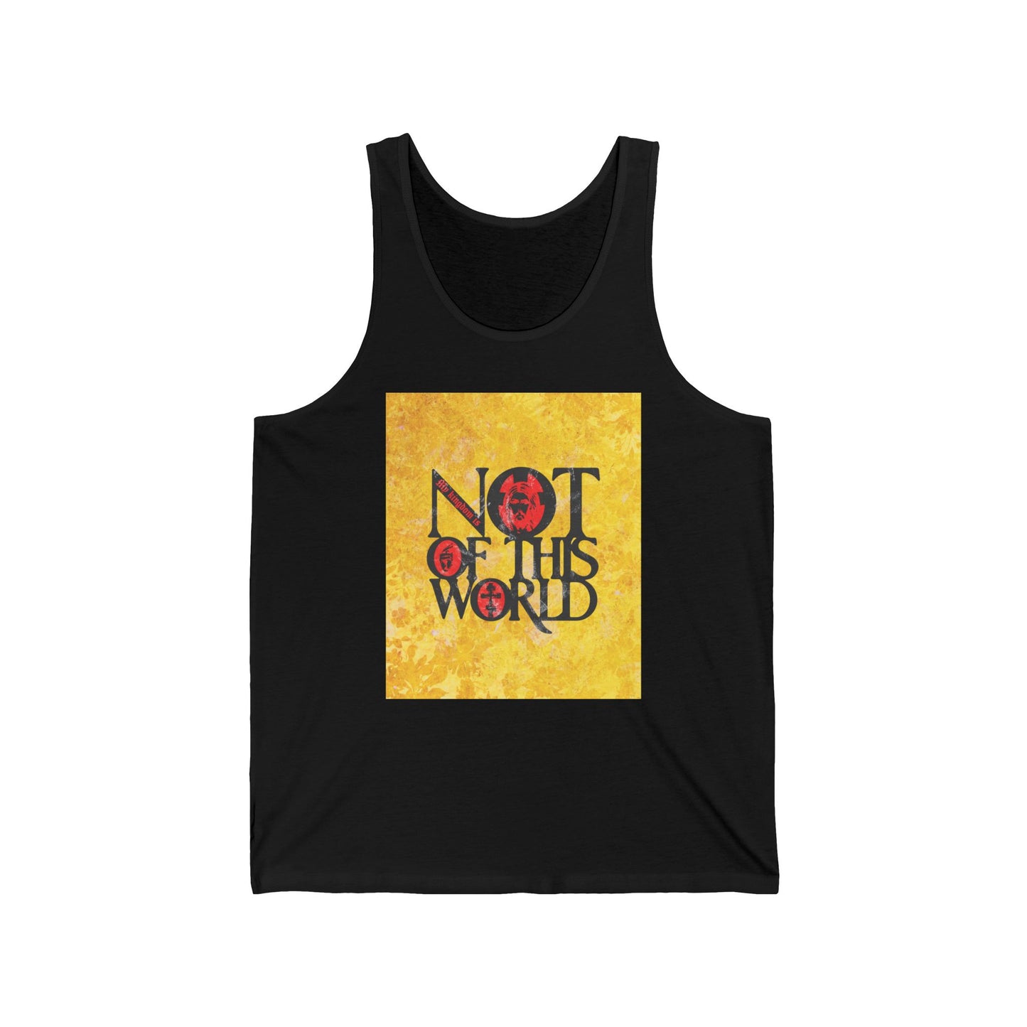My Kingdom is Not of This World (John 18:36) | Bold Red, Yellow & Black Textured Design with Icon Motifs | Orthodox Christian Jersey Tank Top