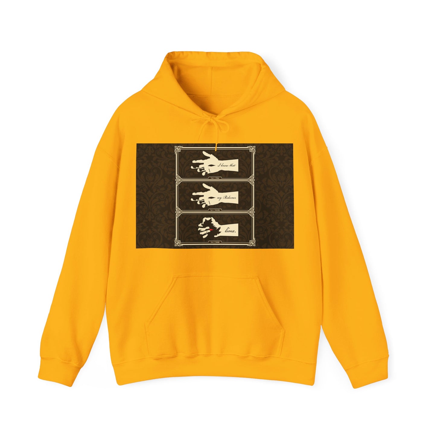 Gold hoodie featuring "I Know That My Redeemer Lives" (Job 19:25) with a Hand of Crucified Christ graphic in earthtone Americana style, expressing Orthodox Christian faith and the promise of resurrection.