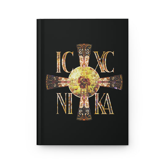 ICXC NIKA Celtic Style Equal Armed Cross | Bright Solar Texture | Orthodox Christian Hardcover Journal