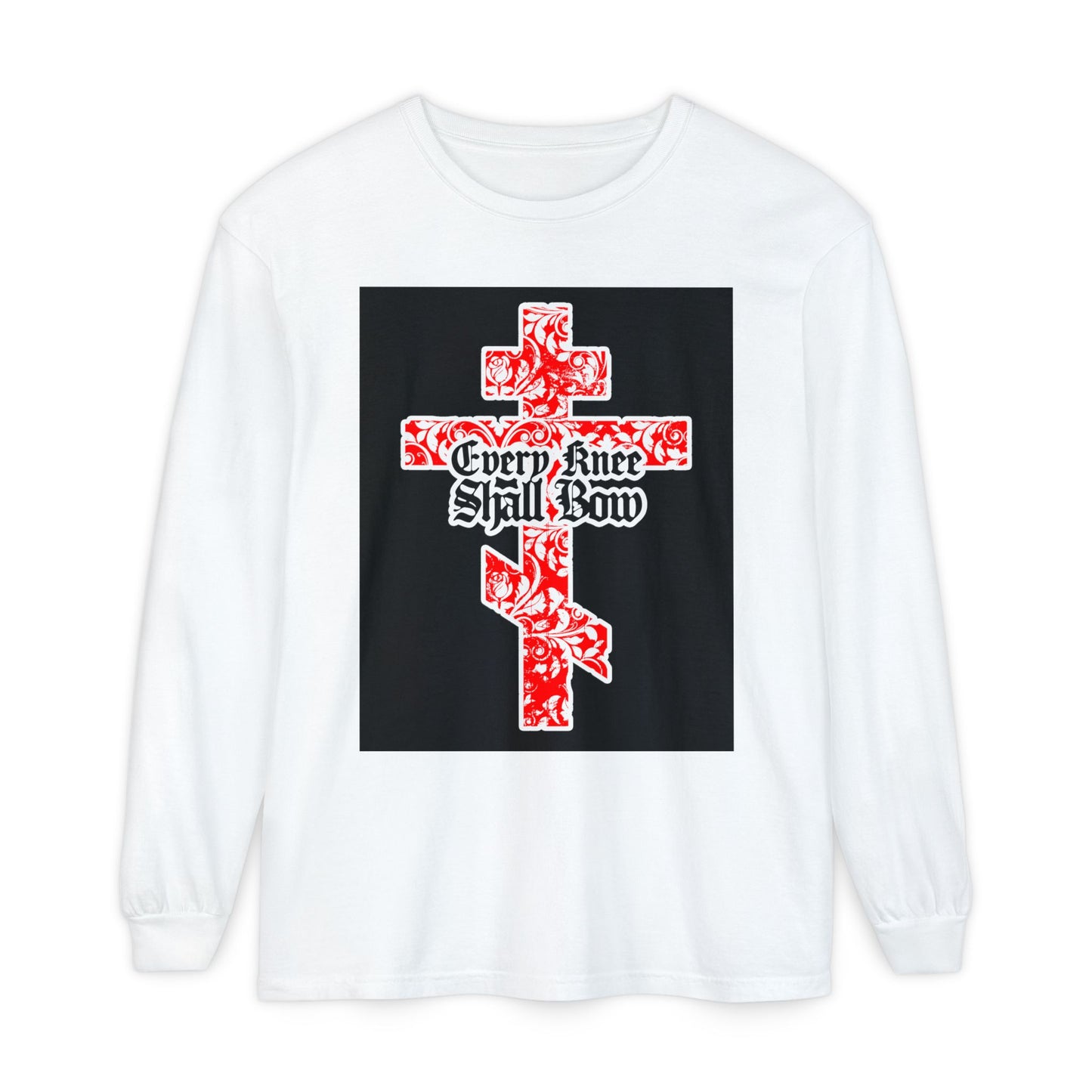 White long-sleeve shirt featuring a gold and red floral Orthodox cross with Gothic lettering, inspired by Isaiah 45:22-24 and Phil 2:7-11, declaring the lordship of Jesus Christ—Every Knee Shall Bow Christian long sleeve.