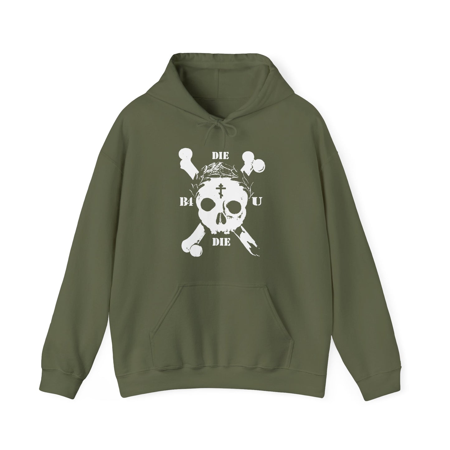 The Die Before You Die Hoodie features an olive green base, retro skull & crossbones, Orthodox cross, laurel victory wreath, and Memento Mori, reflecting ascetic Christian themes from Matthew 16:24-25.