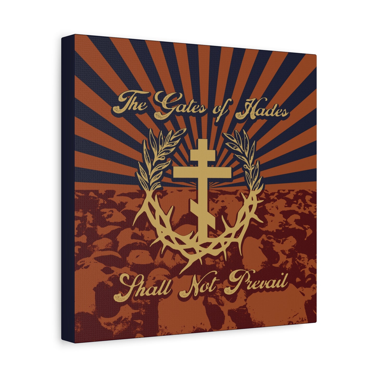 The Gates of Hades Shall Not Prevail | Cross with Wreath & Crown of Thorns | Skulls and Rays | Orthodox Christian Canvas Art
