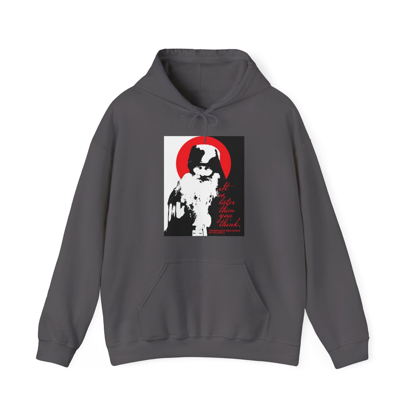 The Remembrance of Death "It's Later Than You Think" hoodie features a black and white graphic of Fr Seraphim Rose with a red halo and text: "Life is lighter than you think," reflecting Modern Orthodox memento mori themes.