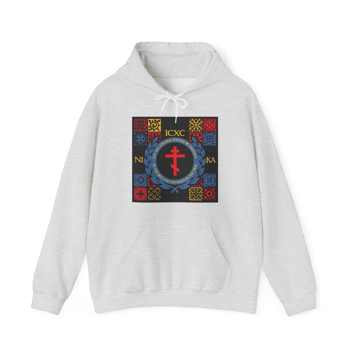 Let All Adverse Powers Be Crushed (Red, Yellow & Blue Design) | ICXC NIKA | Medieval Tile Design | Orthodox Christian Hoodie