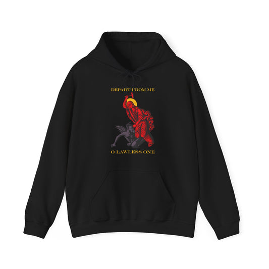 Black St Marina IconoGraphic hoodie featuring the Saint beating the devil with a hammer, bold yellow "DEPART FROM ME O LAWLESS ONE" text, inspired by the Great Martyr Marina. Bestselling Orthodox Christian sweatshirt.