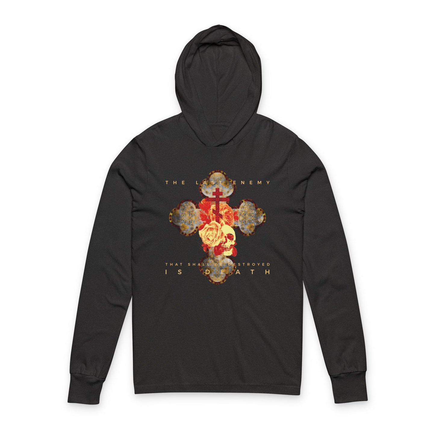 Remembrance of Death “The Final Enemy That Shall Be Destroyed Is Death (1 Cor 15:26)” black hooded shirt features a metallic gothic cross with a rose and skull, inspired by 1 Corinthians 15.