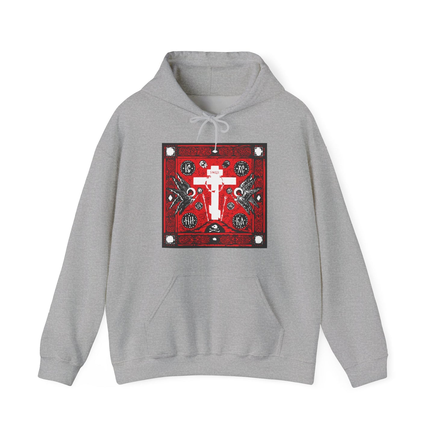 Adoration of Holy Cross IconoGraphic | Striking Red, White, & Black Russian Cross Design w Angels | Orthodox Christian Hoodie 2