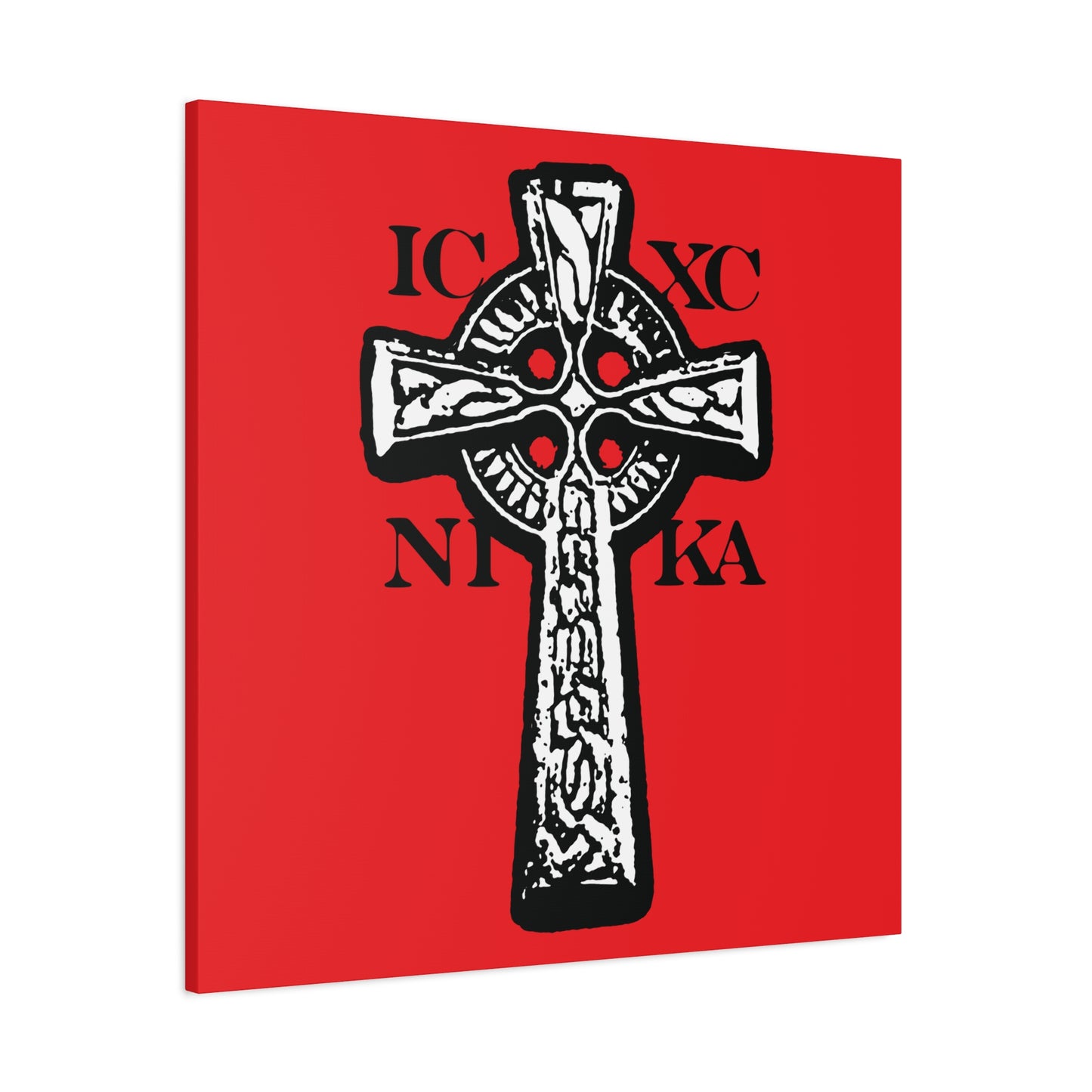 Featuring the ICXC NIKA Celtic Knotwork Cross in black and white on a bold red background, this Orthodox Christian wall art symbolizes Jesus Christ conquering with traditional style.