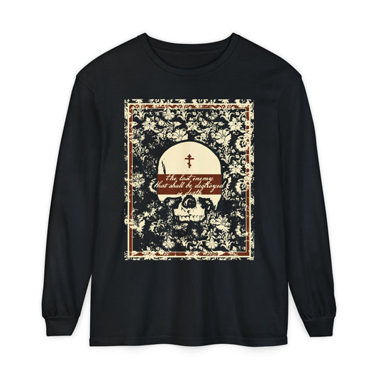 The Last Enemy That Shall Be Destroyed is Death (1 Cor 15:26) | Earthtone Skull & Floral | Orthodox Christian Long Sleeve Shirt