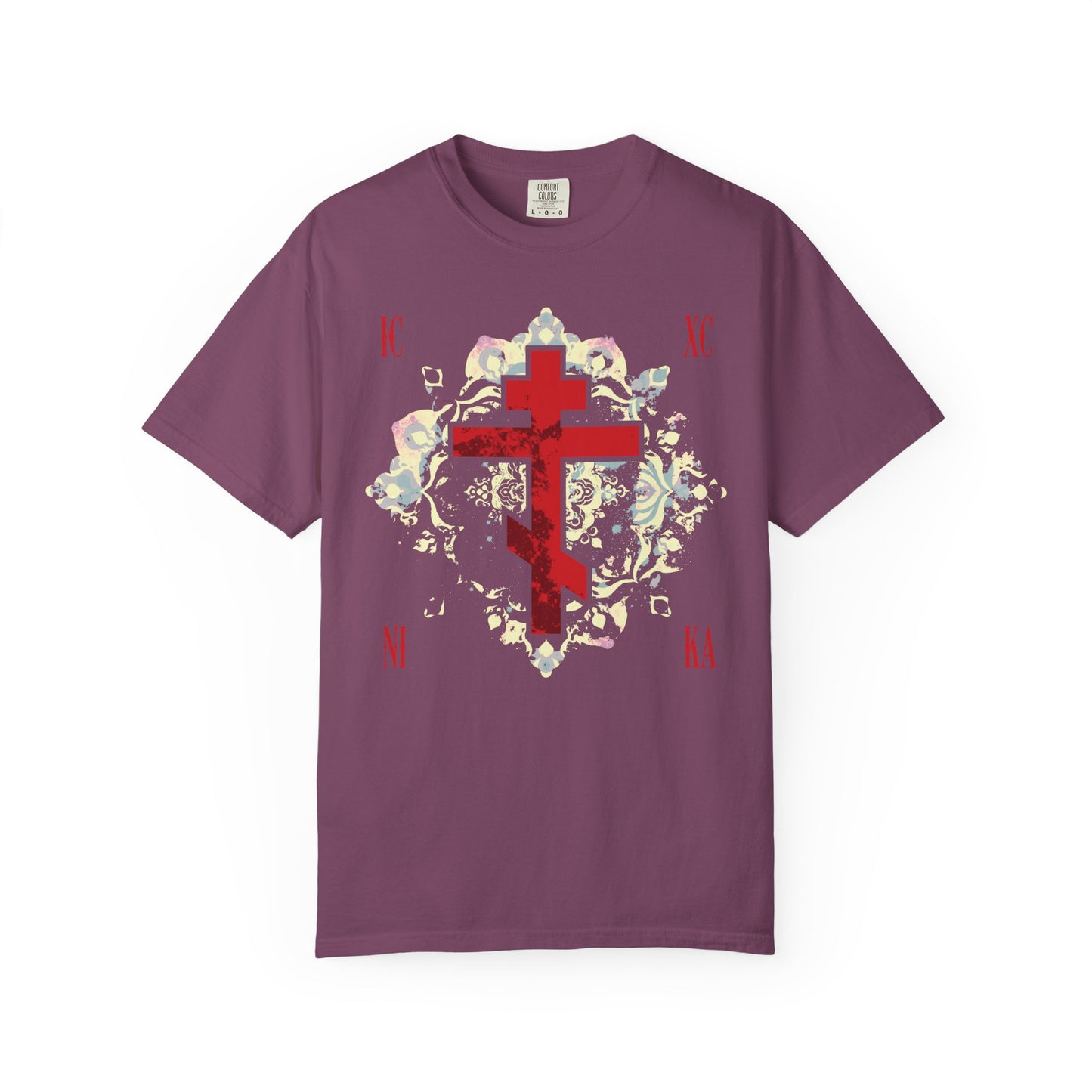 ICXC NIKA | Jesus Christ Conquers | Textured Red Orthodox Cross w/ Medieval Floral Background | Heavyweight Cotton Orthodox Unisex Tee
