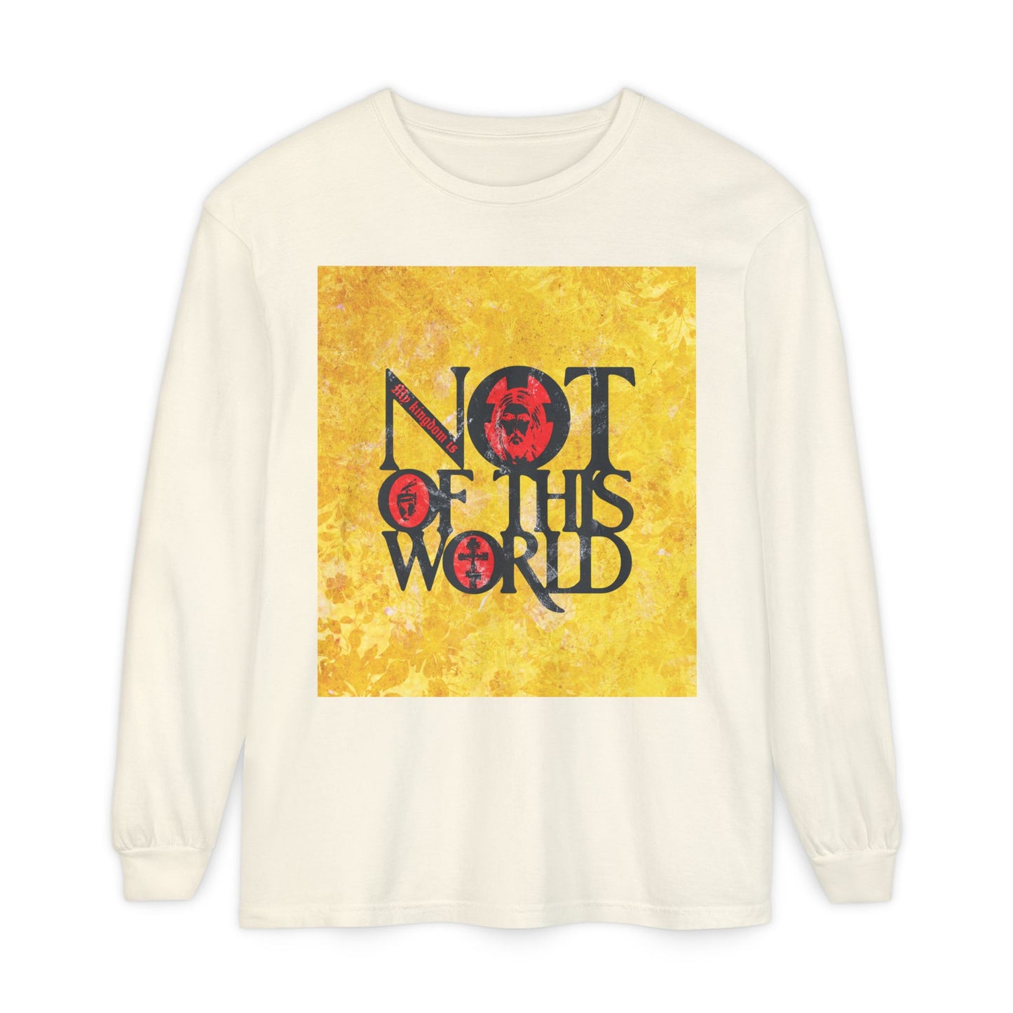My Kingdom is Not of This World (John 18:36) | Bold Red, Yellow & Black Textured Design with Icon Motifs | Orthodox Christian Long Sleeve Shirt
