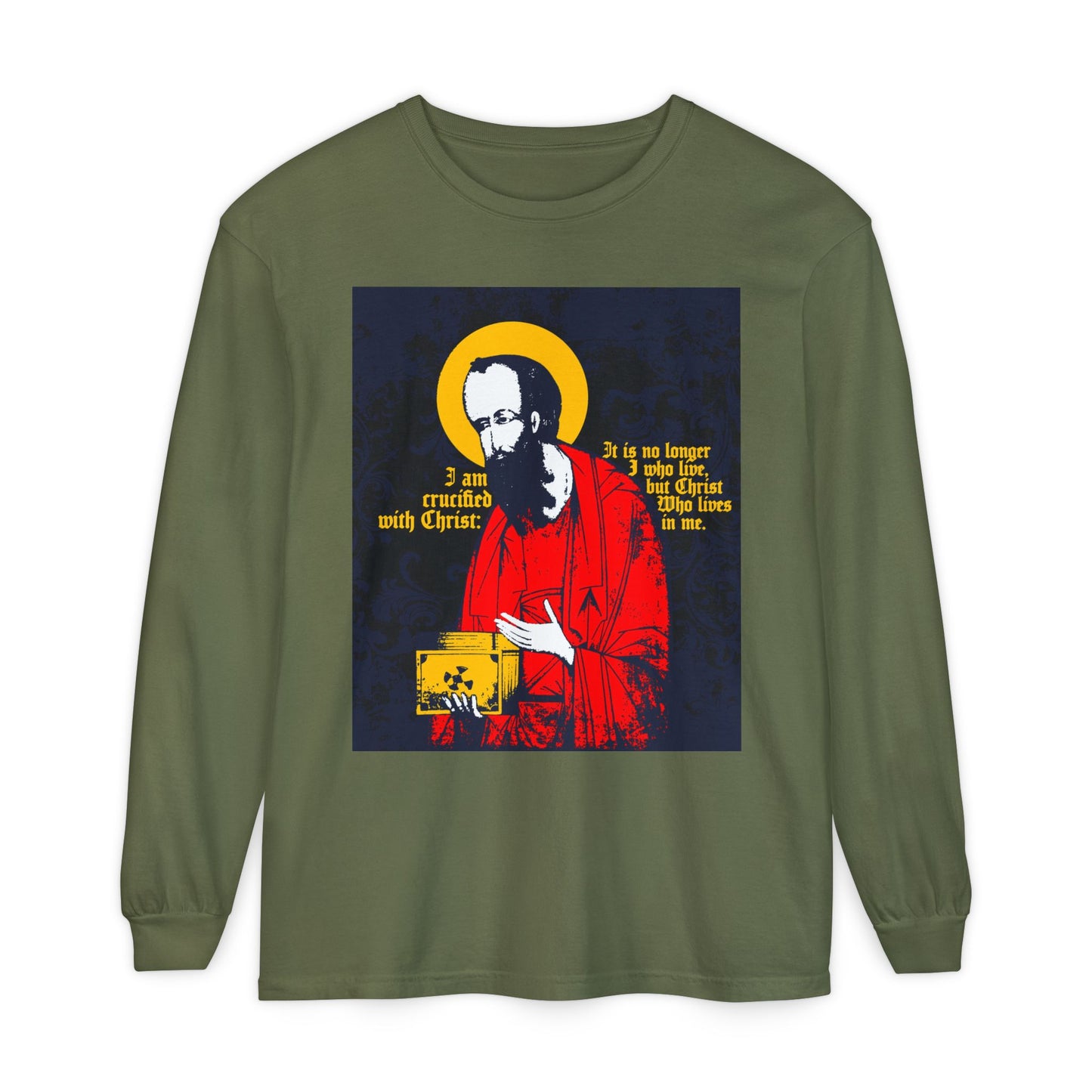 Hemp-colored long sleeve shirt with St Paul holding the Gospel icon and “I am crucified with Christ (Galatians 2:20)”—an Orthodox Christian design inspired by faith and new life in Christ.