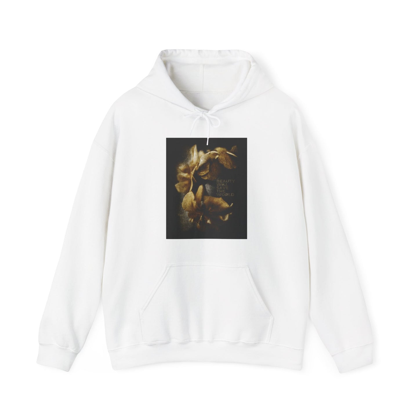 White "Beauty Will Save the World" Christian hoodie featuring a dark floral graphic and photographic artwork glorifying Jesus Christ, Universal Creator & King, inspired by Dostoevsky.