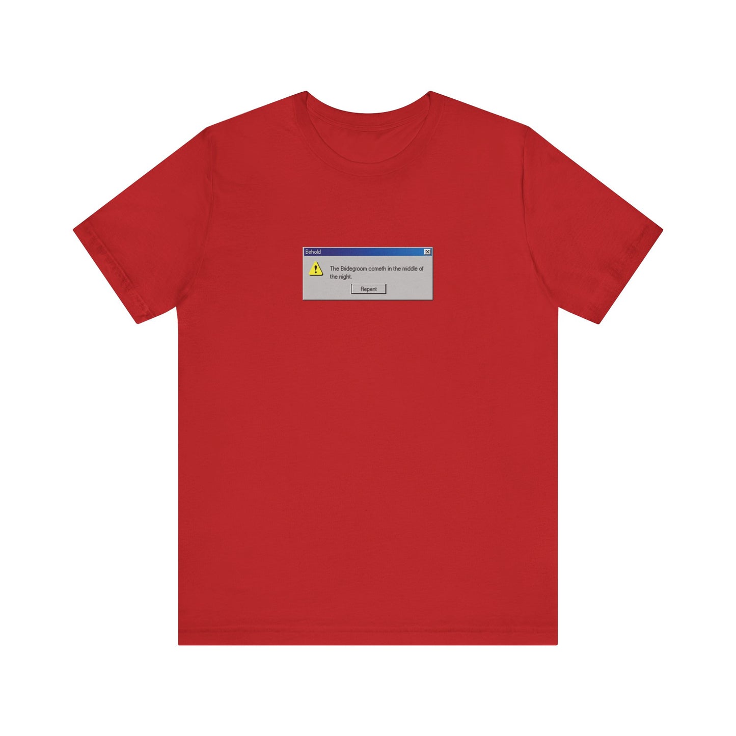 Red "Behold the Bridegroom" t-shirt featuring a Windows error message design and Orthodox Christian motif, made from lightweight cotton.