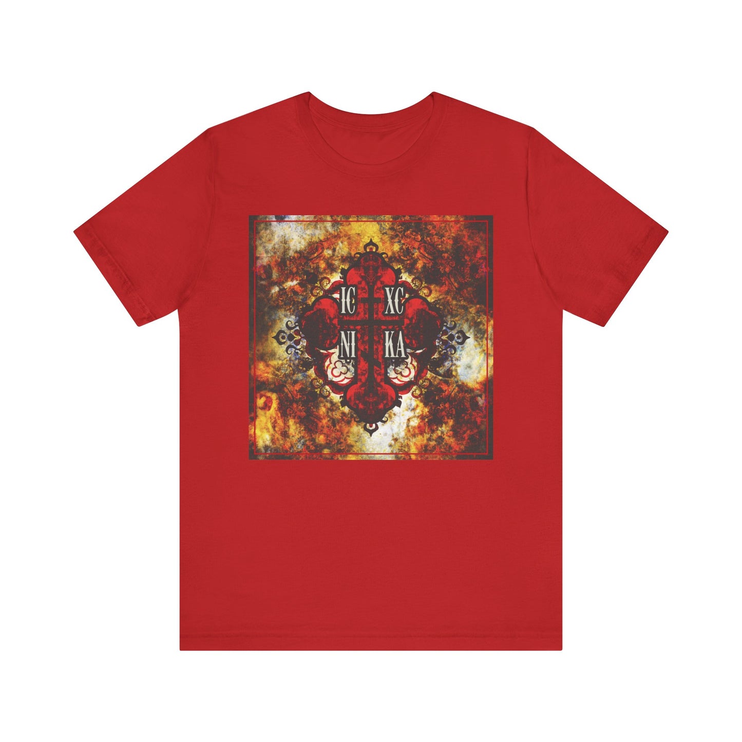 ICXC NIKA Bold Colorful Textured Red Orthodox Cross Christian Lightweight Cotton Unisex Tee in vibrant red, featuring an ornate cross with a colorful textured design on the front—an inspiring piece encouraging you to keep Jesus in your heart.