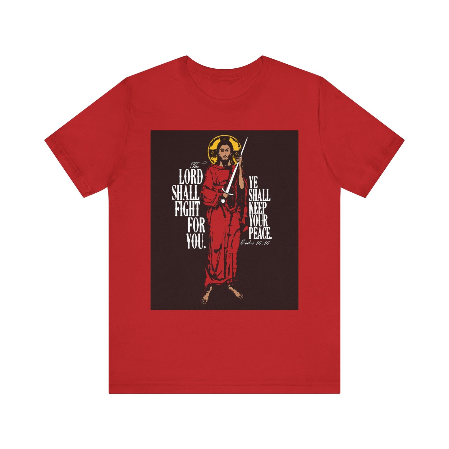 Red “The Lord Shall Fight For You (Exodus 14:14)” lightweight cotton unisex tee featuring an IconoGraphic of Jesus Christ with a sword and the text “The Lord shall fight for you. Ye shall keep your peace.”.