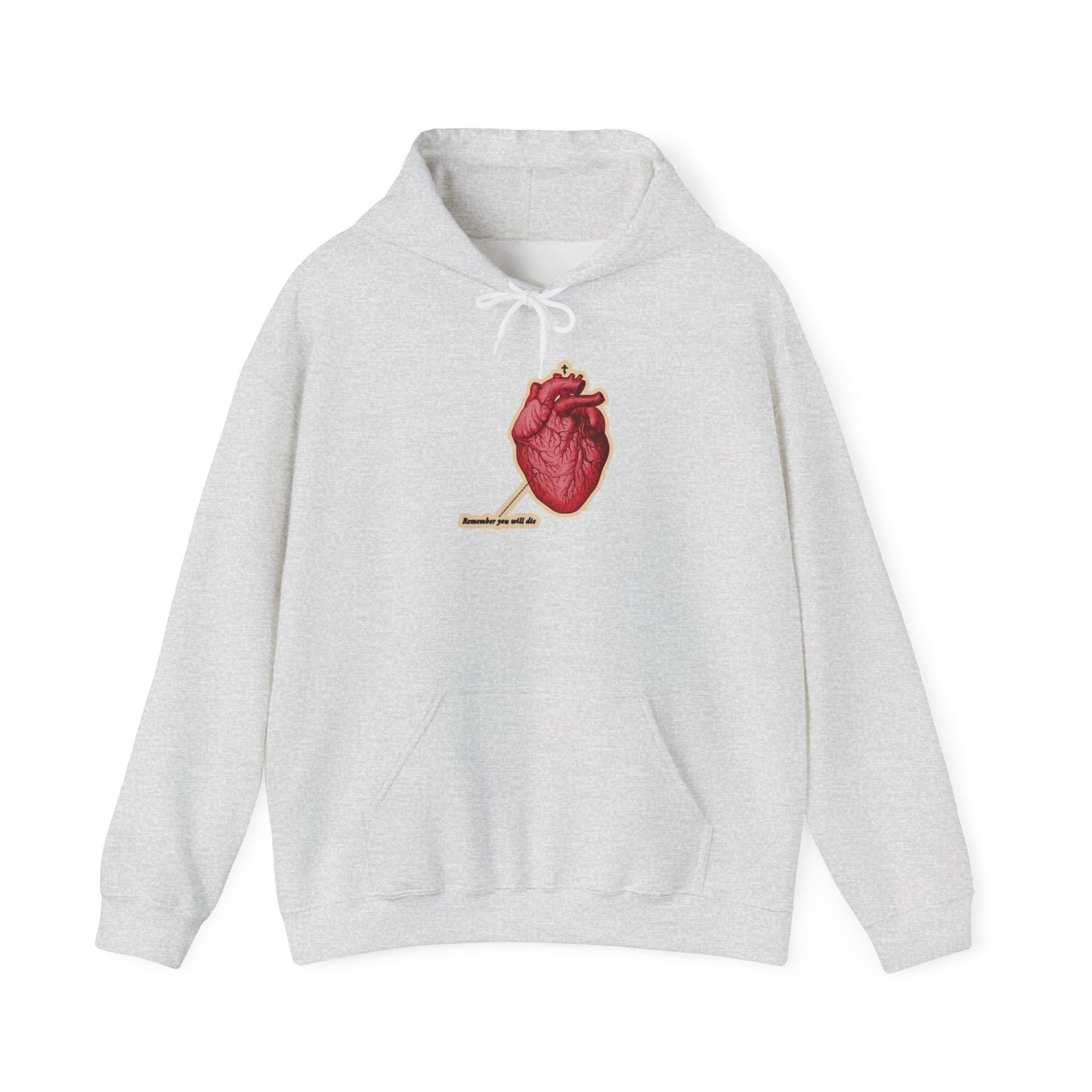 Ash-colored hoodie featuring a retro medical heart with an Orthodox cross and "Remember You Will Die" graphic—a Christian memento mori and reminder of God's mercy.