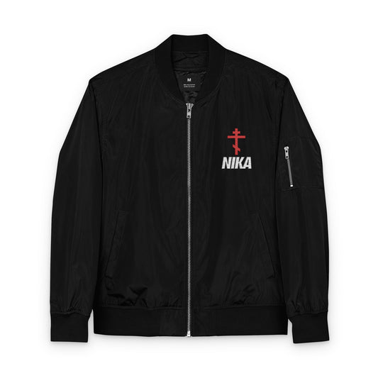 NIKA Red Orthodox Cross White Text | NIKE Logo Mashup | Minimalist Corporate Sports Logo Aesthetic | Embroidered Orthodox Bomber Jacket