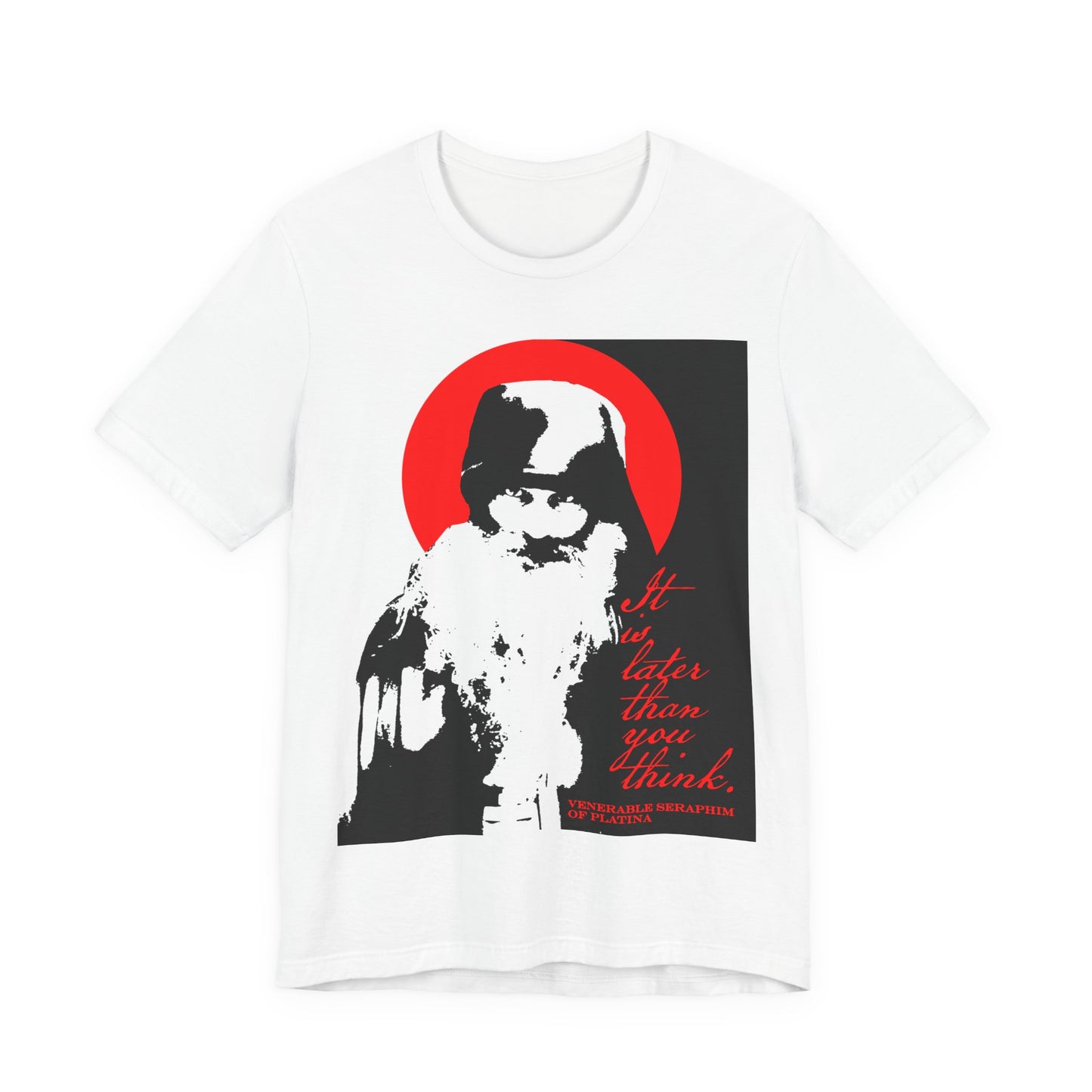 White "It's Later Than You Think" Christian t-shirt featuring a high-contrast black-and-white image of Fr Seraphim Rose, a red sun, and Memento Mori theme—a modern nod to Orthodox spirituality and discipline.