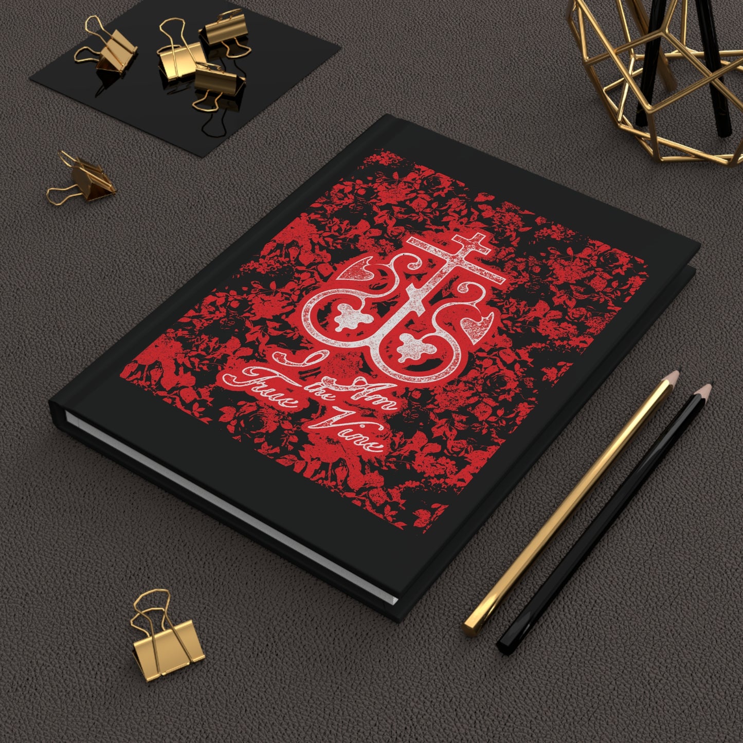I Am the True Vine (John 15:1) | Orthodox Cross Vine Monogram | Red and Black Floral Design | Orthodox Christian Hardcover Journal