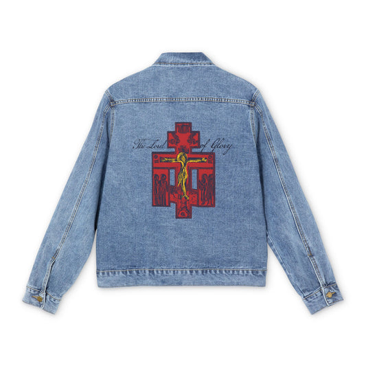 The Lord of Glory | Russian Golgotha Crucifix IconoGraphic | 1 Corinthians 2:8 | Orthodox Christian Blue Denim Jacket