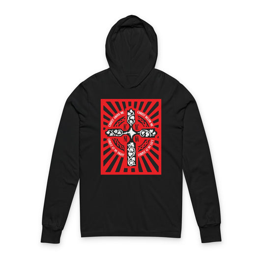 Red ICXC NIKA Enniskillen Celtic Cross | Lorica of St. Patrick | Shield Prayer | Orthodox Christian Long Sleeve Hooded Shirt