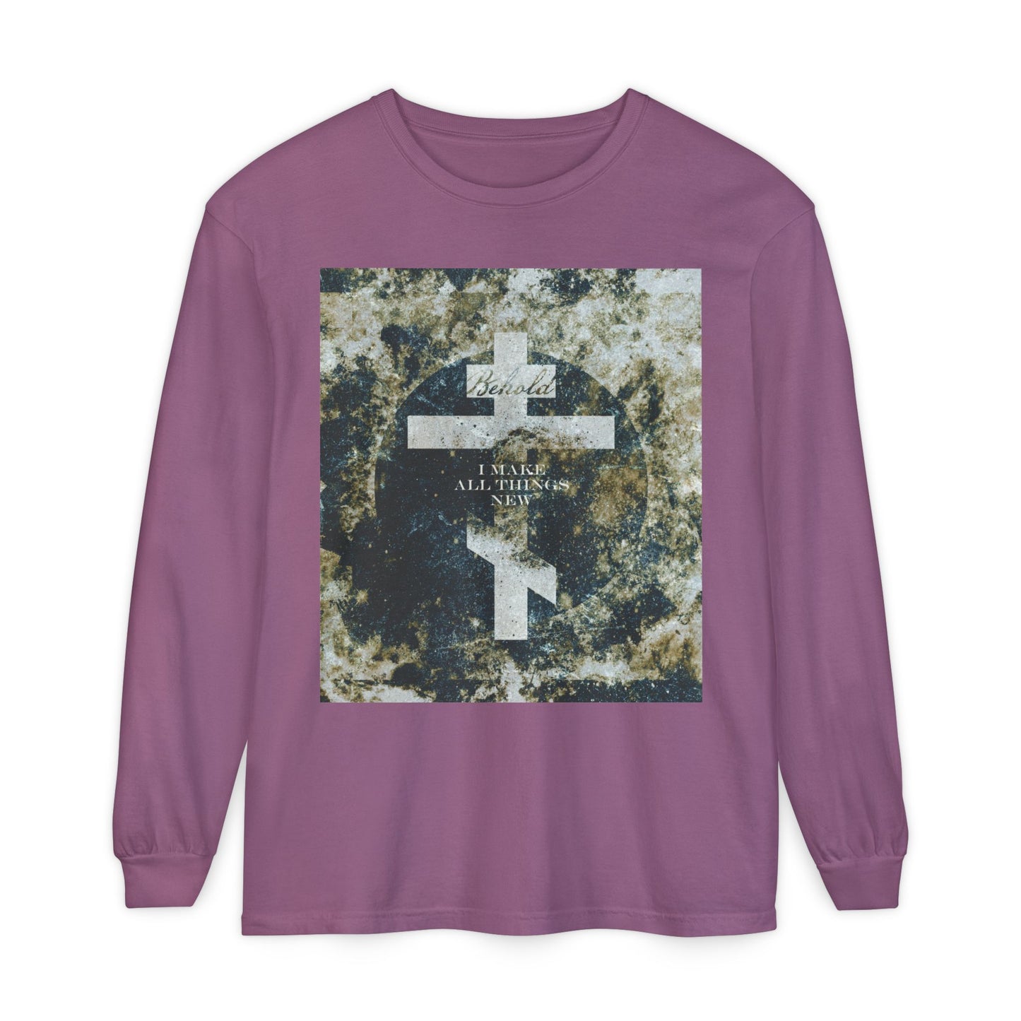 Behold, I Make All Things New | Revelation 21:5 | Cosmic Textured Orthodox Cross | Parousia | Orthodox Christian Long Sleeve Shirt