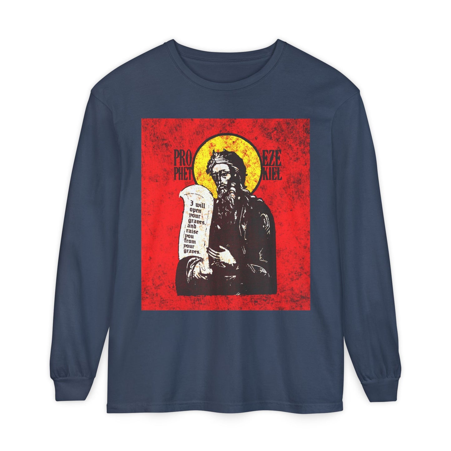 Prophet Ezekiel IconoGraphic | Textured, High Contrast Bright Red and Yellow Design | Old Testament | Orthodox Christian Long Sleeve Shirt