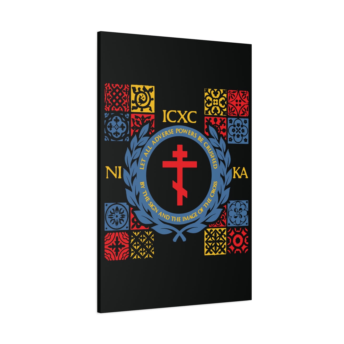 Let All Adverse Powers Be Crushed (Red, Yellow & Blue Design) | ICXC NIKA | Medieval Tile Design | Orthodox Christian Canvas Art