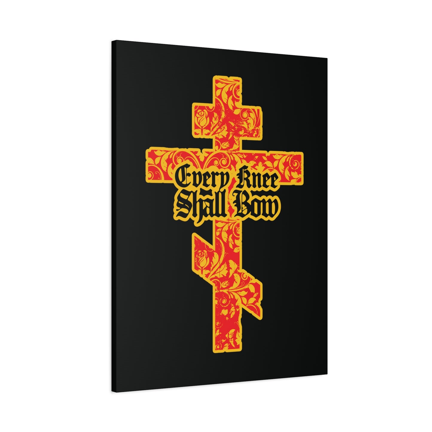 The "Every Knee Shall Bow" Christian wall art features a gold and red floral Orthodox cross with gothic lettering, inspired by Isaiah 45:22-24 and Philippians 2:7-11.
