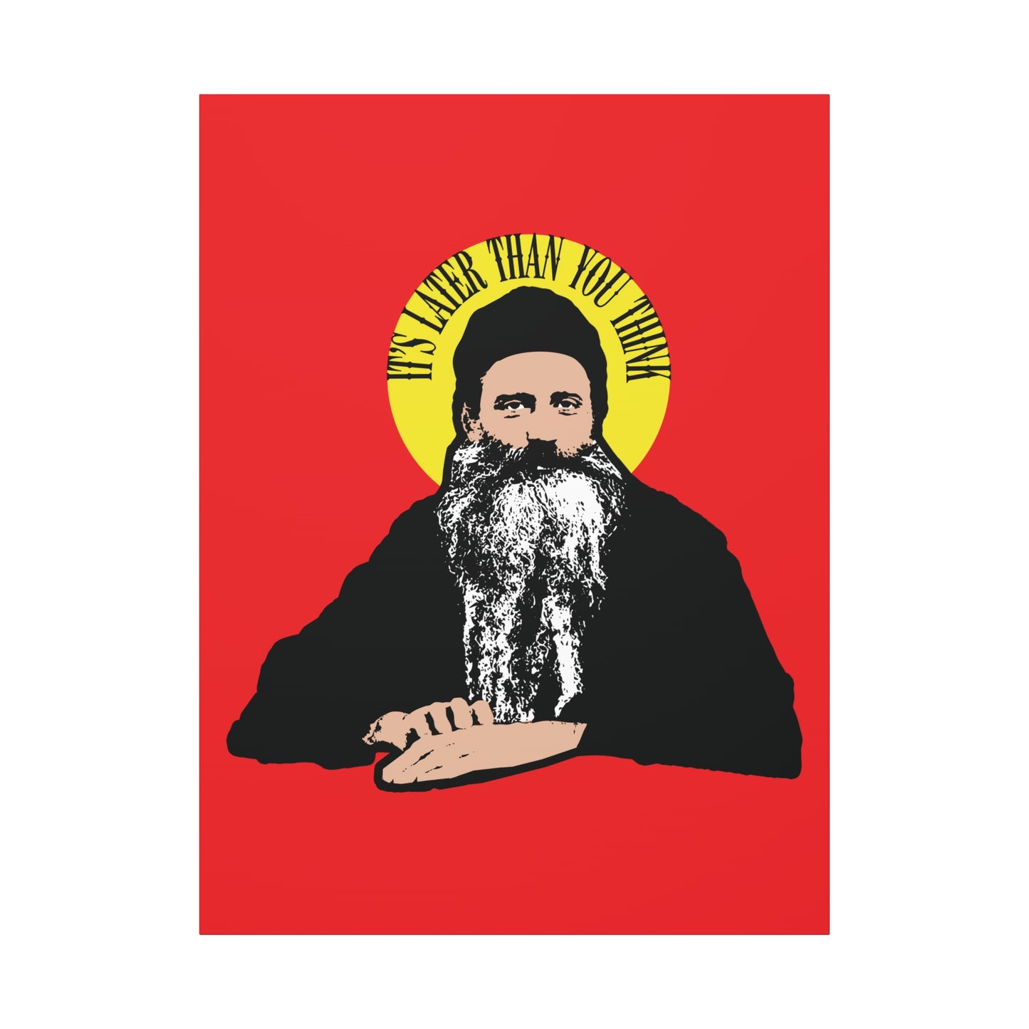Wall art featuring Fr Seraphim Rose’s quote “It’s later than you think” in a yellow halo, inspired by modern American Orthodox Christian saints—a striking Orthodox Christian piece for your space.