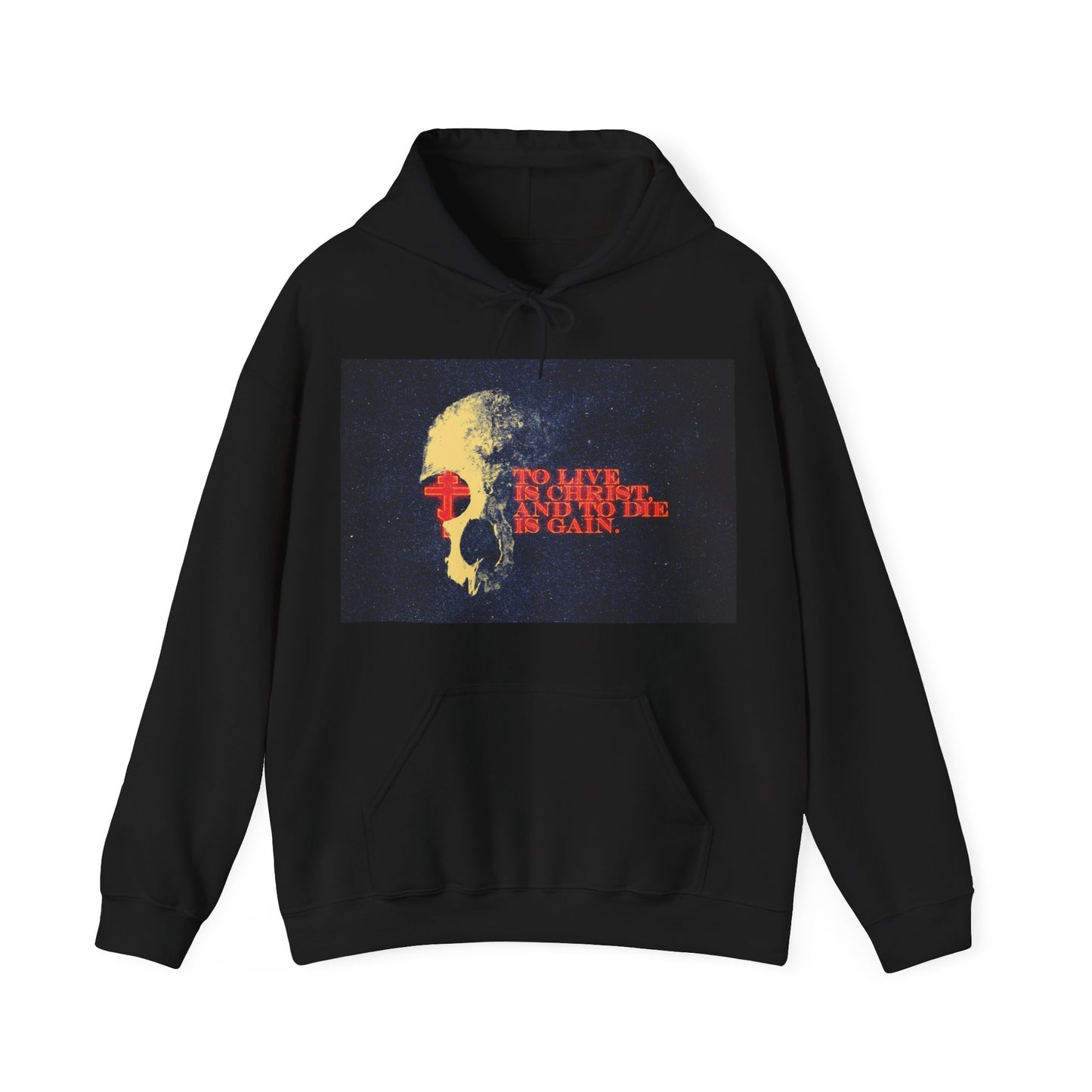 To Live is Christ and to Die is Gain | Phil 1:21 | Retro Texture | Glowing Letters and Cross with Skull | Orthodox Christian Hoodie