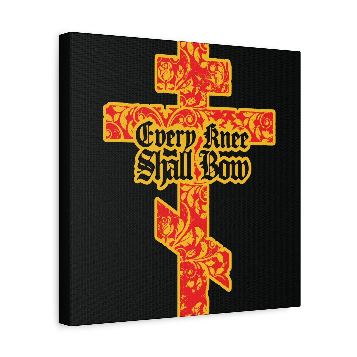 A gold and red floral Orthodox cross with Gothic lettering reading "Every Knee Shall Bow" (Isaiah 45:22-24, Phil 2:7-11) on a black background—Christian wall art symbolizing the righteousness of Jesus Christ.